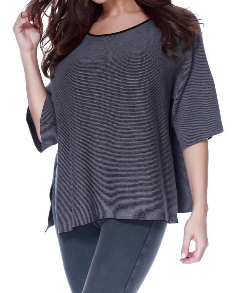 Front of a model wearing a size 2X 2-Tone High Slit Sweater Poncho in Gray in Gray by ANGEL. | dia_product_style_image_id:325628